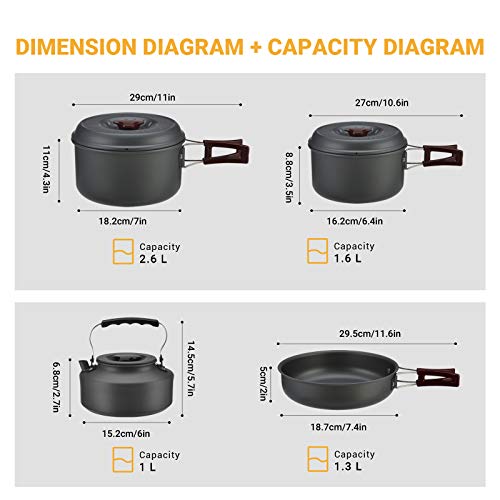 Bulin 24/13/11/8PCS Camping Cookware pots and Pans Backpacking Cooking Set Lightweight Cookware Mess kit Outdoor Cook Gear for Family Hiking Picnic - color: BLACK-13PCS