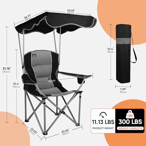 Northroad Folding Camping Chairs with Canopy Shade, Beach Chair w/Cup Holders, Armrests & Carry Bag for Outdoors Travel Sports Fishing, Black - color: Black