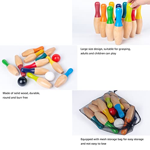 Wooden Bowling Game, Garden Game Set with 10 Pins 3 Balls and Mesh Bag for Kids Adults, Indoor Outdoor Lawn Backyard Activity