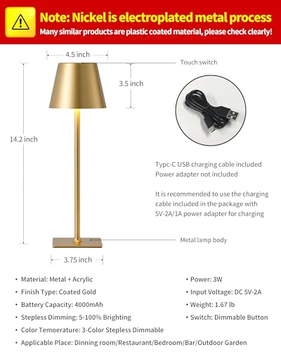 KDG 2 Pack Cordless Table Lamp, Portable LED Desk Lamps, 5000mAh Battery Operated, 3 Color Stepless Dimming Up, for Restaurant, Bedroom, Outdoor Camping, Coffee Shop, Night Light, Rechargeable (Gold) - color: Coated Gold-2