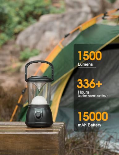 Camping Lantern Rechargeable, Up to 336H Running Time Super Tent Light, 15000mAh/1500LM Emergency Light for Hurricane, Power Outages, Home, Hiking, IPX5 Water-Resistant - style: Black Big