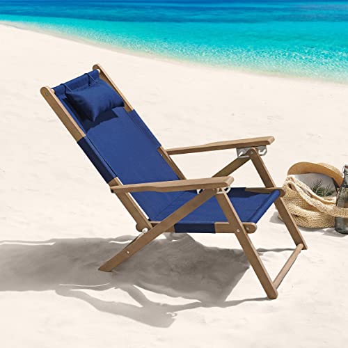 Lavish Home Beach Chair - Outdoor Weather-Resistant Wood Folding Chair with Backpack Straps - 4-Position Reclining Seat - Beach Essentials (Blue) - color: Blue, style: Set of 1
