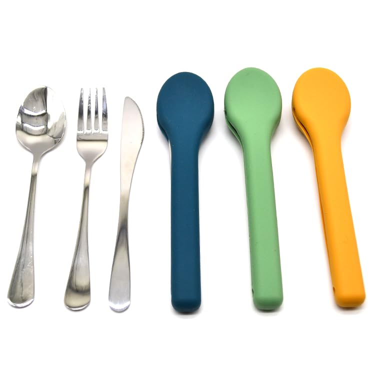 Portable Silverware Utensils Set with Silicon Case (Olive Green), 3 pcs Stainless Steel Cutlery Set (Fork Spoon Knife) For Camping School Picnic Office Travel - color: Olive Green