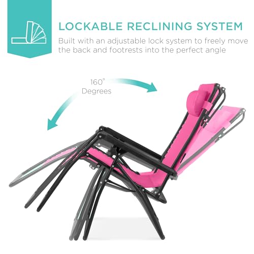 Best Choice Products Folding Zero Gravity Outdoor Recliner Patio Lounge Chair w/Adjustable Canopy Shade, Headrest, Side Accessory Tray, Textilene Mesh - Hot Pink/Black - color: Hot Pink/Black, size: Standard