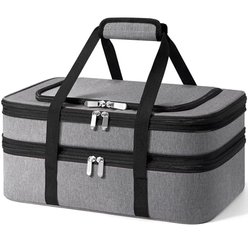 Double Insulated Casserole Carrier - Portable Casserole Carriers for Hot or Cold Food Lunch Tote Warmer or Cooler Bag for Potluck Parties Picnic Cookouts, Fits 9" x 13" Baking Dish - Grey - color: Gray