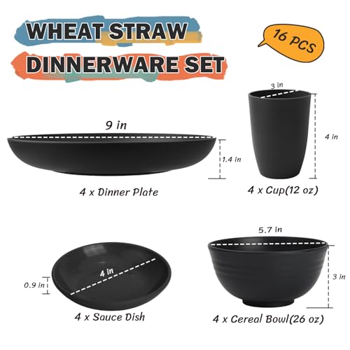 Wheat Straw Dinnerware Sets 16 PCS, Unbreakable Kids Plates and Bowls for 4-9 IN Plates, 26 OZ Cereal Bowls, 2 OZ Dipping Bowl, 12 OZ Cups, Dishwasher & Microwave Safe Plate Set - Black - color: Black, size: 16 PCS