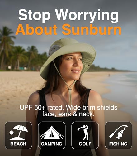 GearTOP Wide Brim Sun Hat for Men & Women, UPF 50+ Fishing Hat with Detachable Neck Flap & Face Cover Gardening Boonie Sunhat - color: Beige Floater