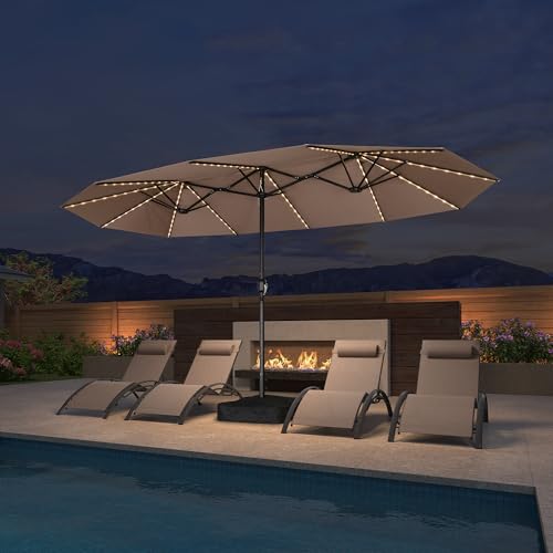 PURPLE LEAF 14ft Patio Market Umbrella with Solar LED and Base Double-Sided Rectangle Outdoor Table Sun Umbrellas with Crank for Pool Beach Deck Backyard Taupe - color: Taupe, size: 14' X 8' with Lights