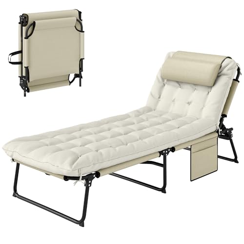 Outsunny Folding Chaise Lounge with 4-Level Reclining Back, Outdoor Tanning Chair with Cushion, Outdoor Lounge Chair with Breathable Mesh Fabric, Side Pocket, Headrest, Beige - color: Beige