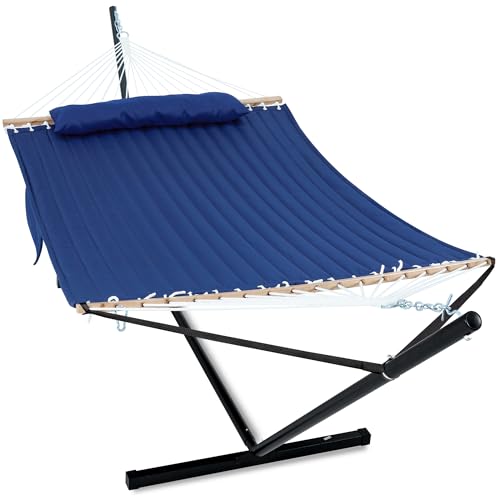 GAFETE 2 Person Hammock with Stand for Outside, Heavy Duty Steel Stand, Double 55inch Hammocks, Large Removable Pillow, Storage Bags, Max 475 lbs Capacity (Blue) - color: Blue