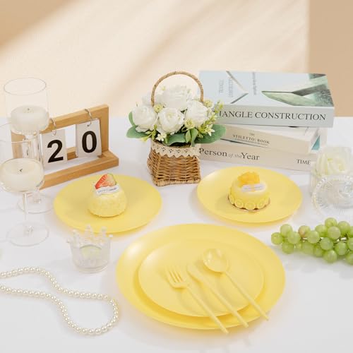 ejonirinjonir EI 150pcs Yellow Plastic Plates,Heavy Duty Bright Disposable Plate,Fancy Plastic Plates for Party,Yellow Dishes for Wedding,Easter,Afternoon Tea Party,Spring - color: Yellow Frosted Plastic Plates