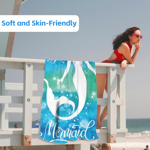 Microfiber Beach Towels,Watercolor Mermaid on Blue Green Sea Water Oversized Absorbent Bath Towels,Soft Quick Dry Thin Camping Towel for Adults Women Men,29.5"×59" - color: Watercolor Mermaid on Blue Green Sea Water