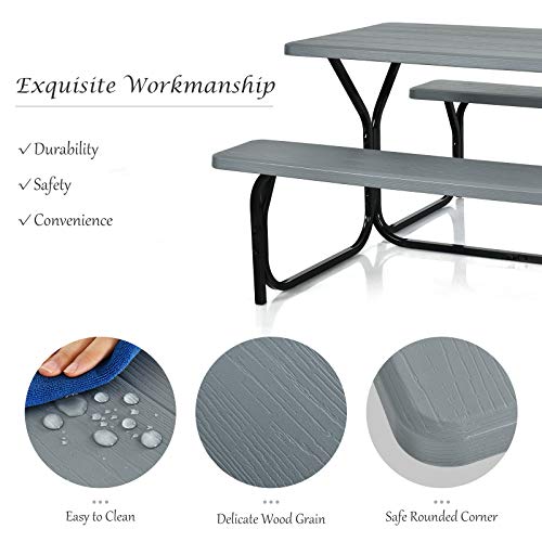 Giantex Picnic Table Bench Set Outdoor Camping All Weather Metal Base Wood-Like Texture Backyard Poolside Dining Party Garden Patio Lawn Deck Furniture Large Camping Picnic Tables for Adult (Gray) - color: Grey, size: 4.5FT