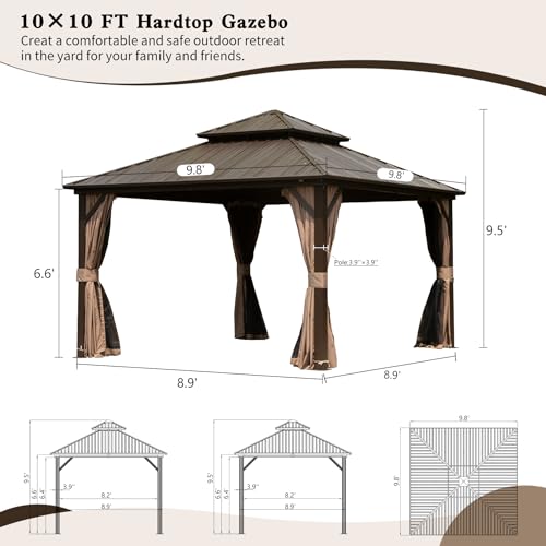 Domi 10' x 10' Hardtop Gazebo Permanent Metal Gazebo with Galvanized Steel Double Roof, Curtains and Netting for Party, Wedding, Outdoor Dining, Patio, Backyard, Brown - color: Brown, size: 10'×10' Double Roof