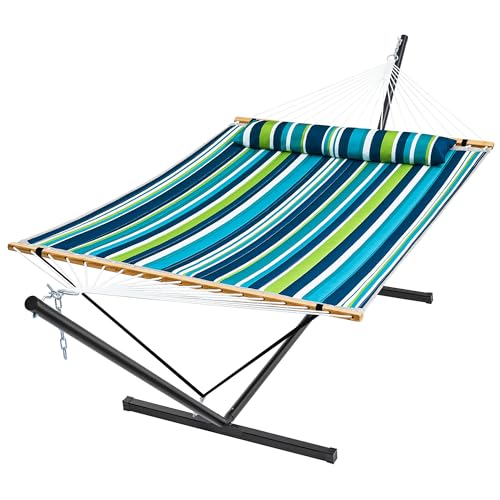 SUPERJARE Hammock with Stand, 2 Person Quilted Outdoor Hammock, Detachable Pillow & Bamboo Spreaders, Portable Hammock with Carrying Bag, Heavy Duty Stand, Perfect for Outside, Patio, Dark Cyan - color: Dark Cyan, size: 55.1"W × 74.8''D × 43.3''H