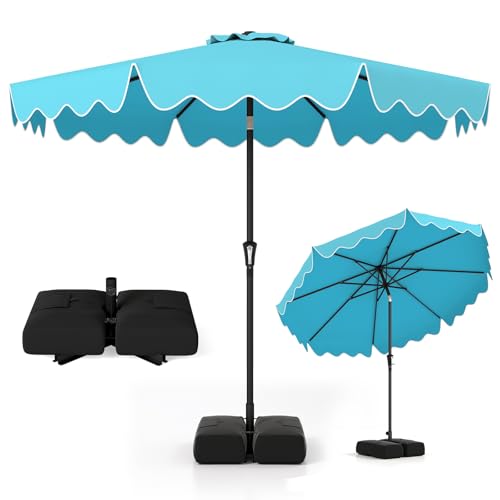 Tangkula 9 FT Patio Umbrella with Base Included, 2-Tiers Outdoor Scalloped Table Umbrella with 2 Sandbags, Tilt Adjustment, Crank, 8 Ribs for Market Backyard Pool Deck Beach Lawn - color: Blue, size: 9 FT