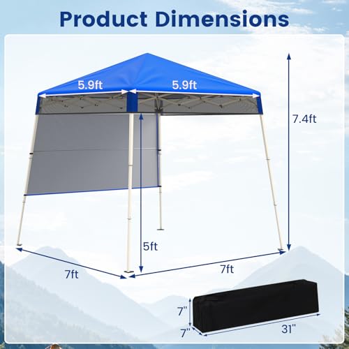 Tangkula 7x7 Ft Pop Up Canopy with Center Lock, UPF50+ Slant Leg Outdoor Tent with Sidewall, Carry Bag & 4 Stakes, Compact Portable Canopy Tent for Hiking Camping Fishing & Picnic (Blue) - color: Blue, size: 7x7 Ft