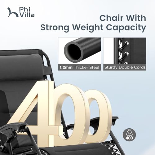 PHI VILLA Zero Gravity Chair Set of 2, Padded Anti Gravity Recliner, Oversized 28" Wide Seat, Foldable Patio Lounger with Armrest & Cup Holder, Supports 400 LBS (Grey) - color: Grey