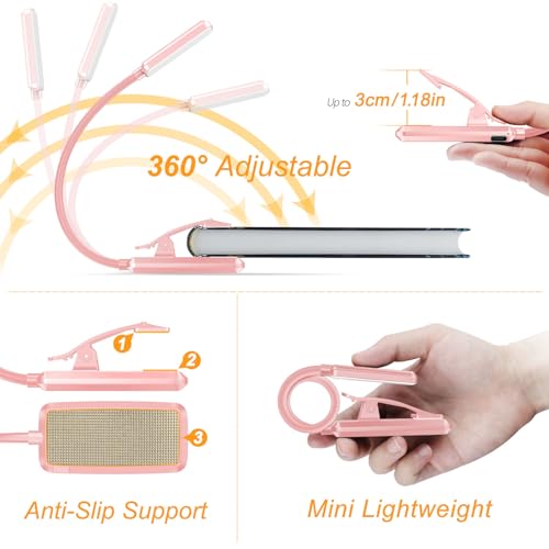 Gritin 9 LED Rechargeable Book Light for Reading in Bed - Eye Caring 3 Color Temperatures,Stepless Dimming Brightness,80 Hrs Runtime Small Lightweight Clip On Book Reading Light for Studying-Pink - color: Pink