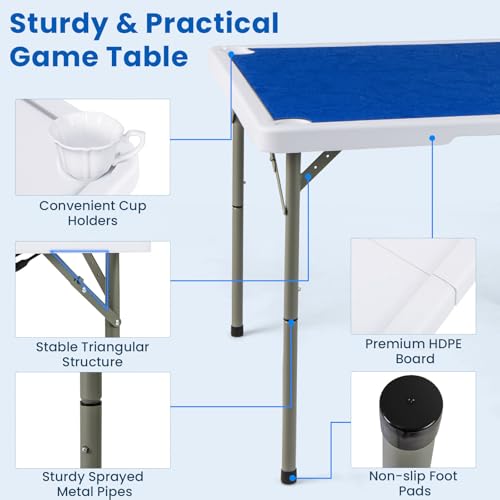 Goplus Mahjong Table, 35" Square Folding Card Table w/4Cup Holders, Anti Slip Mat, HDPE Tabletop, Metal Legs, Portable Mahjong Game Table for Domino Game, Picnic (Navy, Table w/Removable Mat) - style: Navy, Table w/Removable Mat