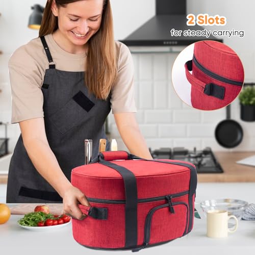 Insulated Slow Cooker Carrying Bag for 6-8 Quart CrockPot and Hamilton Beach Slow Cooker with See-thought Window, Portable Carrier Case with Adjustable Band and Accessory Pocket - color: Red
