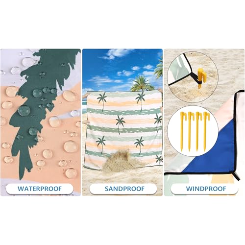 HIHOHO Beach Blanket Waterproof Sandproof Extra Large Beach Mat 79" X 83"/120"x108"for 1-8 Adults Quick Drying Durable Outdoor Picnic Mat for Beach Travel Camping Hiking - color: Coconut Tree - Striped - Yellow Green, size: 79" X 83"（1~3 person）