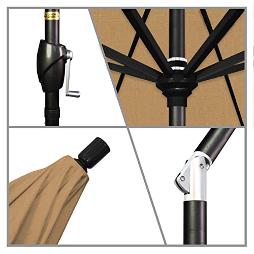 California Umbrella 9' Round Aluminum Market Umbrella, Crank Lift, Push Button Tilt, Black Pole, Sunbrella Linen Sesame - color: Linen Sesame