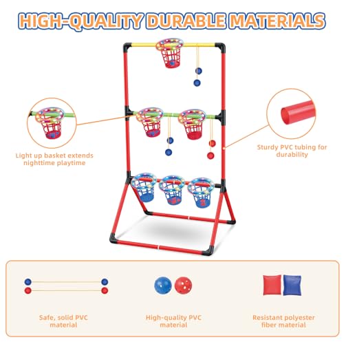 Backyard Lawn Games for Adults Kids - 3-in-1 Yard Pong with 6 Light Up Basket, Ladder Ball and Bean Bag Toss Game - Outdoor Yard Tailgate Game for Family Parties