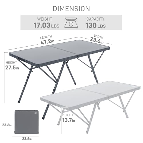 EVER ADVANCED Large Camping Table for 4-6 Person, Portable Folding Aluminum Table with Carrying Handle, Suitable for BBQ, Picnic, Camping and Indoor Use, Support up to 130LBS, Gray - color: Grey