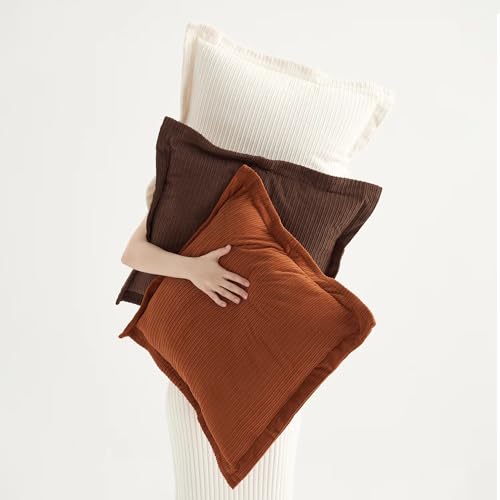 COCO TOP Set of 3 Super Soft Striped Corduroy Throw Pillow Covers 20x20inch, Decorative Boho Square Pillow Covers for Sofa Couch Aesthetic Decor Bedroom Living Room (Earthy Brown, Rust & Cream) - color: Dark Brown/Rust/White, size: 20" x 20" (Pack of 3)