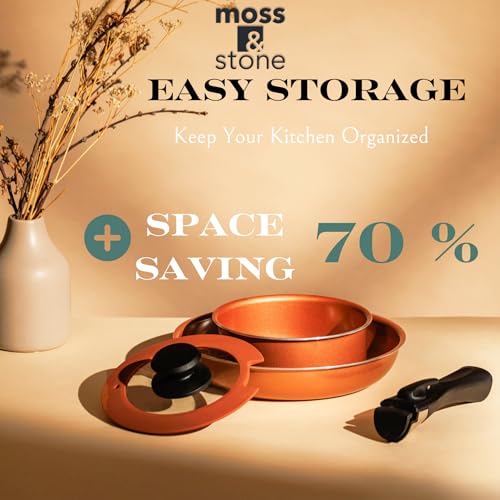 Moss & Stone Copper Pots And Pans Set Nonstick, Removable Handle Cookware, Stackable Pots And Pans Set, Dishwasher safe, Induction Pots And Pans, Camping Cookware Set, Aluminum (7 Pcs) - size: 7 Pcs Copper