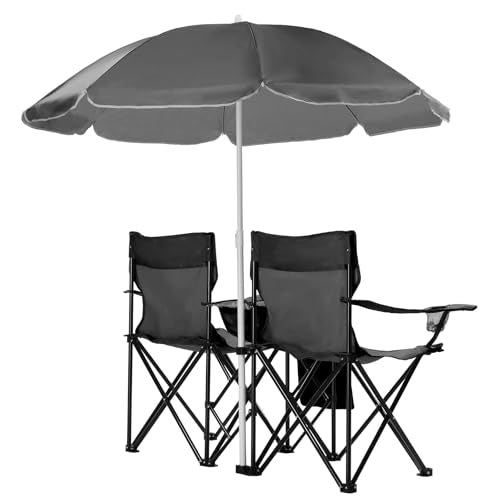 Double Folding Camping Chair W/Umbrella Fold Up Table Beverage Holder Carrying Bag Cooler for Patio Pool Park Outdoor Beach, Picnic, Portable (Black) - color: Black