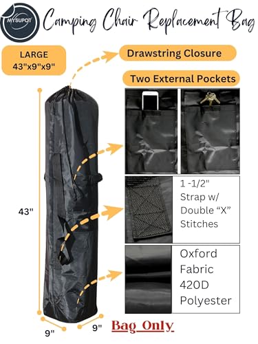 Replacement Bag for Folding Camping Chair, Portable Camp Chair, Hammock, Yoga Mat, Umbrella, Tents, Tripods, Fishing Poles - 420D Oxford Polyester Fabric - color: Black, size: Large 43"x9"x9"