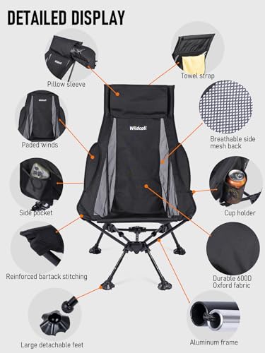 WildCall Lightweight Folding High Back Camping Chair with Head Support, Compact Beach Chair with Anti-Sinking Large Feet and Three Tilt Angles Adjustment - color: 2 X Black High Back