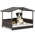 Giantex Wicker Dog House, Raised Rattan Dog Bed with Waterproof Roof, Washable Cushion Cover, Steel Frame, Indoor Outdoor Elevated Dog Bed Pet House for Small Medium Dogs Cats, Easy Assembly - style: Brown House & White Cushion