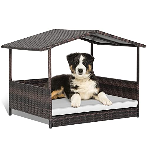 Giantex Wicker Dog House, Raised Rattan Dog Bed with Waterproof Roof, Washable Cushion Cover, Steel Frame, Indoor Outdoor Elevated Dog Bed Pet House for Small Medium Dogs Cats, Easy Assembly - style: Brown House & White Cushion