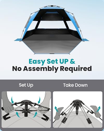 OutdoorMaster Beach Tent with Blackout Shelter Technology, Portable Sun Shade Shelter 4 Person, Pop Up Beach Tents with UPF 50+ UV Protection, 9.5mm Thick Pole, 3 Ventilating Mesh Windows -Blue - color: Blue