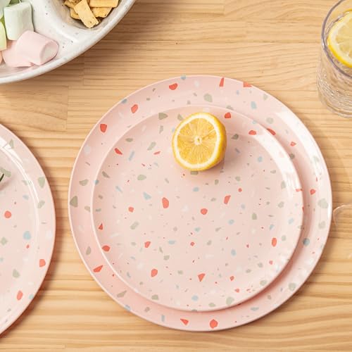 Bzyoo 12-Piece Melamine Dinnerware Set - Confetti Pink Plates and Bowl Lightweight BPA-Free Dishwasher Safe Dish Set for Indoor & Outdoor Use - Perfect for Camping, BBQs, Kids Parties - color: Pink Confetti