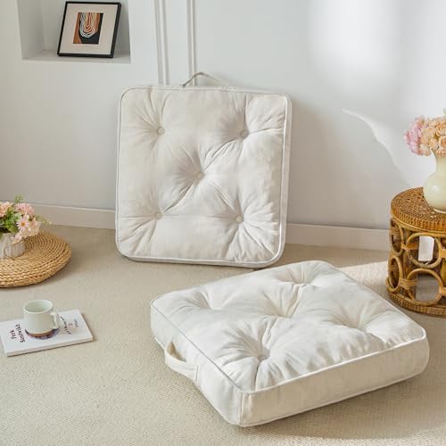 HIGOGOGO Large Floor Pillow Cushion for Adults, Meditation Cushion Pillow with Handle, Lustrous Chenille Tufted, Square Floor Sitting for Tatami Living Room or Yoga, 22x22 Inch, 2Pack, Beige - color: Square Beige, size: 4" Thick(pack of 2)