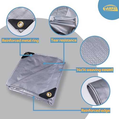 TARPAL 6x10 tarp,Heavy Duty Tarp 14mil Silver Reflective Tarps Waterproof with Grommets and Reinforced Edges UV Protection,Tear Resistant for Firewood,RV,Boat,Roof,Car,Camping - color: Silver, size: 6x10 Feet-Finished size