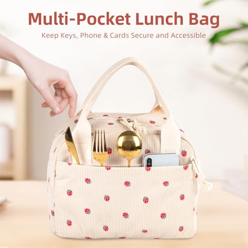 Reusable Insulated Lunch Bag for Women Men, Corduroy Lunch Tote Leakproof Cooler Bag with Reinforced Stitching, Cute Lightweight Thermal Lunch Box for Work Picnic Travel, Strawberry - color: Strawberry
