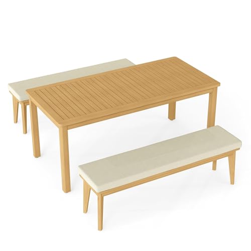FansaFurn 3-Piece Outdoor Dining Set for 4 with 2 Benches and Cushion, All-Weather Acacia Wood Patio Table and Bench Set for Garden and Lawn, Beige