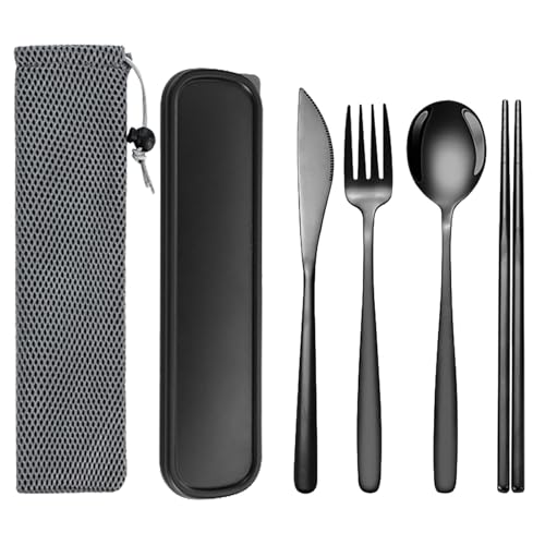 Travel Utensils With Case, 6Pcs Forks Spoons Knife Chopsticks Reusable Cutlery Set, Stainless Steel Flatware Set, Portable Silverware for Camping Picnic Work School, Dishwasher Safe (Black) - color: Black
