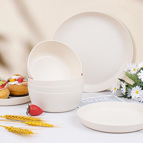 EI 12pcs Wheat Straw Dinnerware Set of 4,Reusable Plastic Plates,Unbreakable Dinner Plates,Deep Dinner Hard Premium Plastic Plate,Microwave Dishwasher Safe for Camping,Picninc,Family Dinner - color: Beige Wheat Straw Plates and Bowls