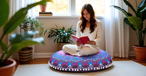 CRAFT KALA 22" Round Boho Floral Floor Pillow Cover, Purple, 22" Diameter, Cotton Fabric, Soft, Indoor Use, Washable - color: Purple Flower, size: 22"