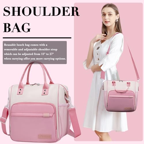 Aesthetic Lunch Box for Women Preppy Insulated Lunch Bag for Young Ladies College Lunch Tote Bag School Supplies Accessories - color: A15: Beige,Pink, size: Large