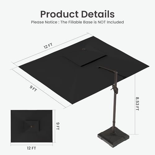 9x12 FT Cantilever Patio Umbrella with Base and Led Lights Double Top Outdoor Rectangular Large Heavy Duty Aluminum Offset Umbrellas with 7 Level Tilt 360-degree Rotation for Pool Garden Deck, Black - color: Black, size: 9' X 12'-with Light & Base