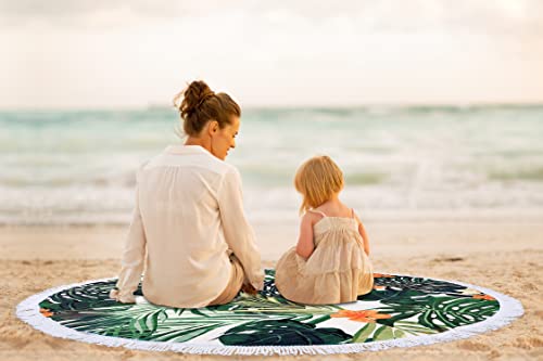 Benefeet Sox Beach Towel Large Round Mandala Pool Towels Tassels Microfiber Quick Dry Beach Blanket Throw Bohemian Roundie Swim Pool Circle Towel, 59 Inches - color: Tropical Palm Tree Leaf Flowers, Green