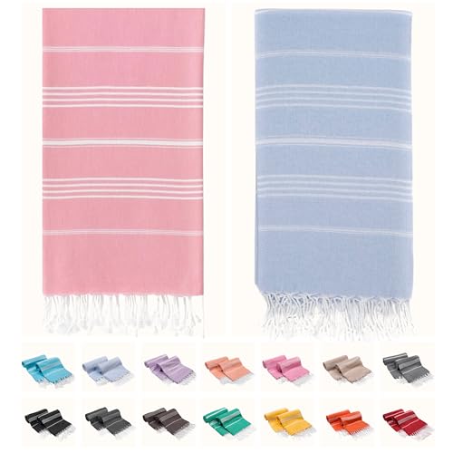 2 PACK The Turkish Beach Towel 40x72 Inches, Oversized 100% Cotton Sand Free Lightweight Absorbent Quick-Dry (Baby Pink/Baby Blue) - color: Baby Pink/Baby Blue