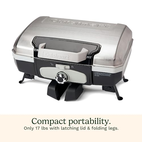 Cuisinart Petite Gourmet Portable Gas Grill, Compact Portable Grill Propane, 150 Sq. In. Cooking Surface, 5,500 BTU Burner Small Gas Grills for Camping, BBQ, Folding Legs and Carry Handles, Stainless - color: Petit Gourmet Tabletop Gas Grill, Stainless St